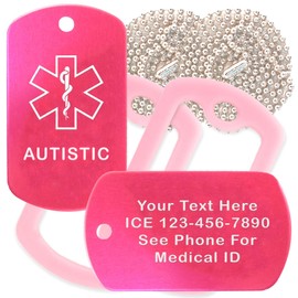 Custom 2 Pack - Autistic Medical Alert ID Necklaces with Pink Hot Custom Tags, Pink Silencers, and 30'' USA Chains