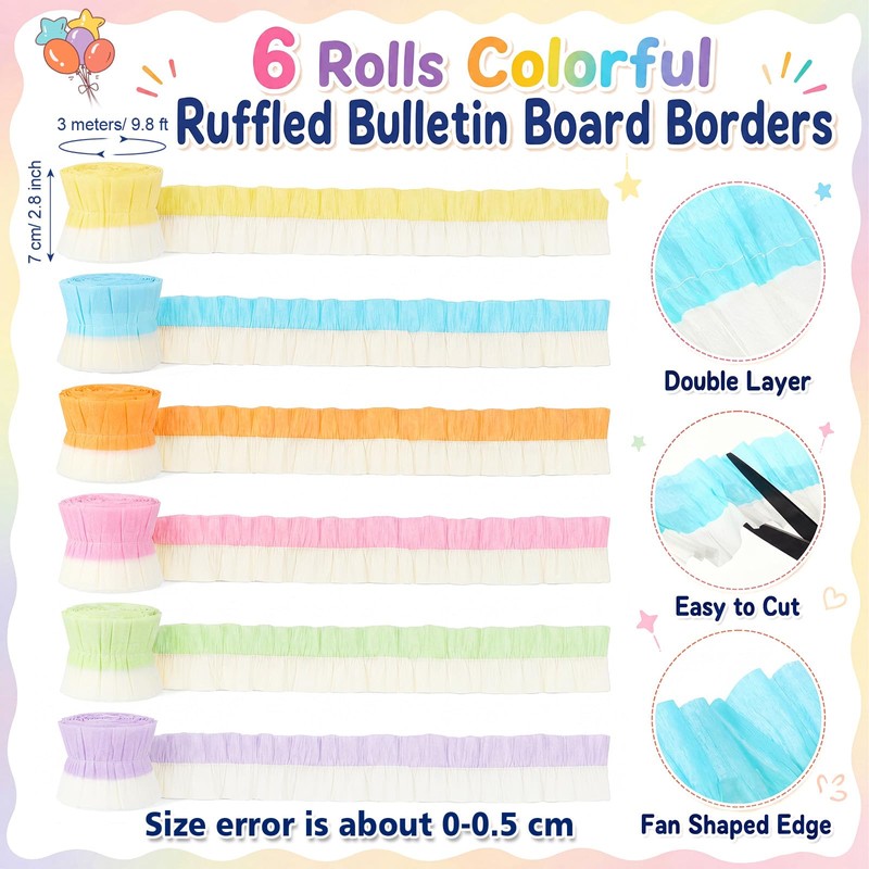 6 Roll Pastel Ruffled Bulletin Board Border 59ft Double Layer