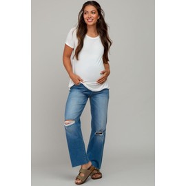 PinkBlush Blue Straight Leg Frayed Hem Maternity Jeans