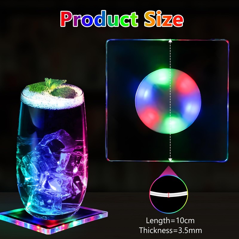 Pack of 6 Colourful LED Coasters, Square Luminous Coasters, 3