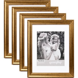 Yaetm 11x14 Gold Picture Frame with Mat for 8x10 Set of 4, 1.4" Wide Molding & Rustic Golden Picture Frames 11 x 14 with HD Tempered Glass, Gallery Wall Frame Set for Wall Mounting (4 pack, Gold)