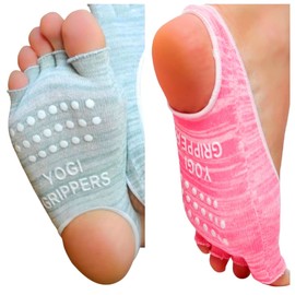 Grip Socks for Women Open Toe & Heel Pilates Non Slip Socks Womens Pilates Socks with Grips for Women Grippers Socks No Slip Socks Women Sox Cute 2 Pairs Pink Gray