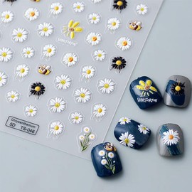 White Daisy Nail Art Stickers Cute Flower 5D Embossed Nail Decals Adhesive Sliders for Spring Summer DIY Manicure Decorations Accessories