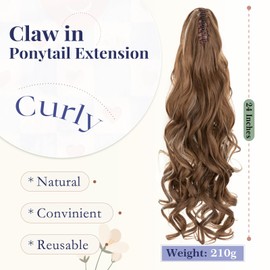 TESS 24'' Curly Ponytail Extensions, 210g Claw in Long Ponytail Extension, Hair Pieces for Women, Golden Brown With Beige Highlighted
