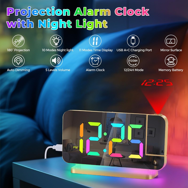 Poeroa Projection Alarm Clock for Bedroom,7.4" LED Mirror Digital Clock