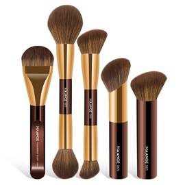 MAANGE 5 PCS Foundation Makeup Brush Set Double-ended Kabuki Mask Contour Brush for Liquid Powder Concealer Cream Cosmetics Blending Makeup Brushes (Coffee Gold)
