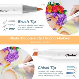 Ohuhu Grayscale Alcohol Markers Brush Tip- Double Tipped Alcohol Based Art Marker Set for Artist Adults Coloring Illustration Shading Layering- 36 Grey-tone Colors Chisel& Brush