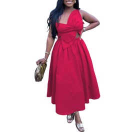 Women's Vacation Dress Sexy Cut Out Backless Floral Knot Sleeveless A Line Maxi Dress with Pockets One Shoulder Rose 3XL