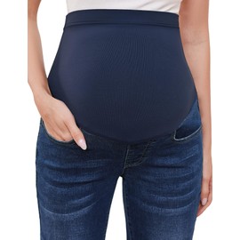 GLAMIX Women's Stretch Maternity Bootcut Jeans with Pockets Over The Belly Bell Bottoms Flare Denim Pants Pregnancy Clothes(Vintage Blue, XXL)