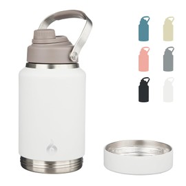 BJPKPK 64oz Insulated Water Bottles, Dishwasher Safe Half gallon Water Bottle with Metal Handle, BPA Free Spout Lid & Detachable Bowl, Large Stainless Steel Water Jugs, Milky White