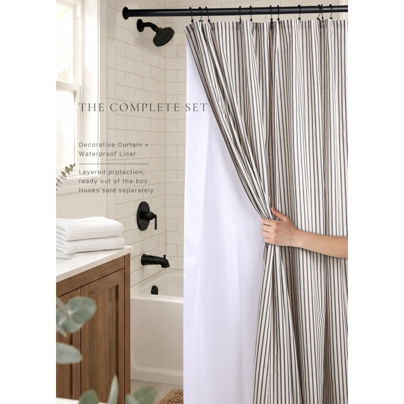 CasaTena Farmhouse Striped Shower Curtain - 72x72 Inches, Linen Blend