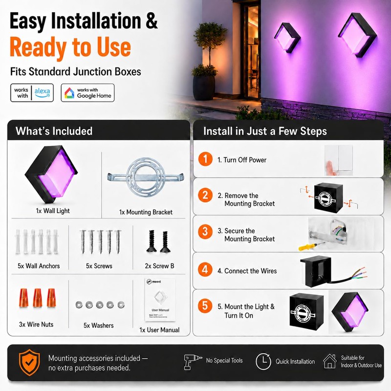 Meevt Outdoor Wall Lights, Square, 1 Pack, 1200LM RGBCW Smart