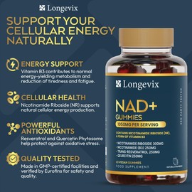 Longevix NAD+ Gummies 1050mg – 4-in-1 Booster with NR 300mg + Trans-Resveratrol 250mg + Pure Nicotinamide 250mg + Quercetin 250mg Per Serving – Vegan Sugar-Free – 60 Count (30-Day Supply)