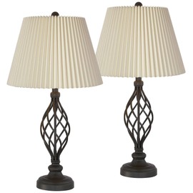Franklin Iron Works Annie Rustic Farmhouse Table Lamps Set of 2 28" Tall Bronze Brown Open Scroll Metal Ivory Linen Knife Pleat Shade for Bedroom Living Room Bedside Nightstand House Home Office