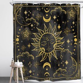 Homewelle Black Gold Celestial Shower Curtain Sun Moon Phase Stars Starry Night Sky Witchy Gothic 72Wx72H Inch Astrology Zodiac Constellation Mystic Cool Waterproof Polyester Fabric Bathroom Bathtub