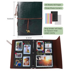 RECUTMS Green Leather Photo Album Scrapbook Retro Message Books 60 Pages Black Paper Memory Book Gifts Wedding Memorial Birthday Gift for Teacher Students Kids Friend (Elephant)