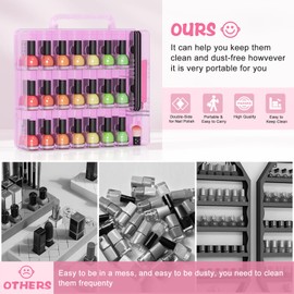 SUBAY Nail Polish Organizer Case for 48 Bottles, Double Side Nail Polish Holder for Storage Display, Portable Nail Polish Storage with 2 Toe Separators, 6 Adjustable Dividers for Space Saver, Pink