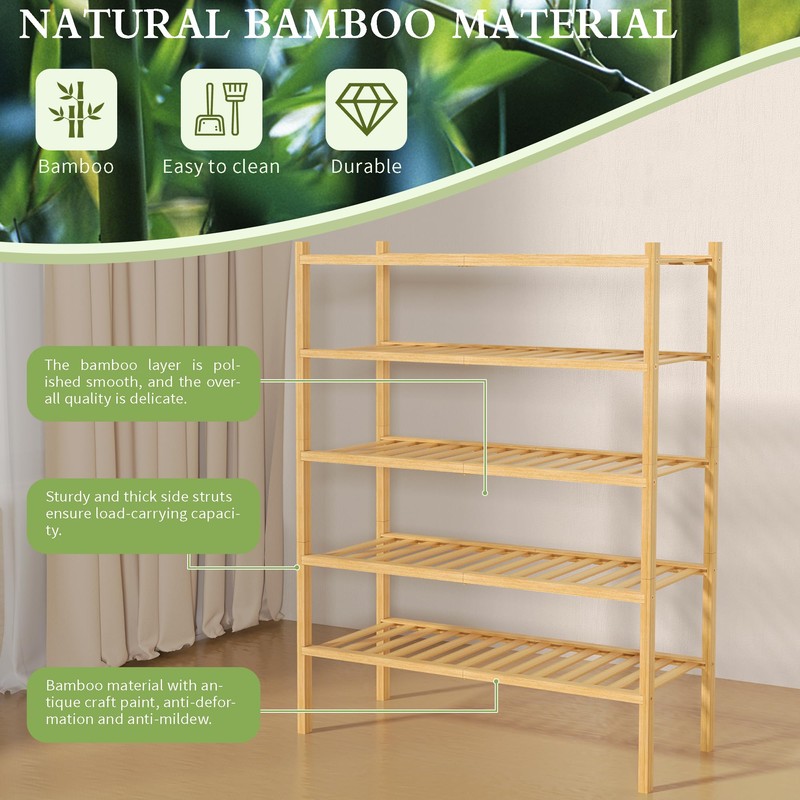 ROMGUAR CRAFT 5 Tier Bamboo Shoe Rack for Closet Free