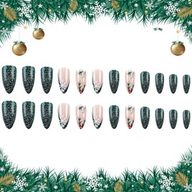 24Pcs Christmas Green Press on Nails Stiletto Almond Fake Nails Snowflake Designs Christmas False Nails Cute Flower Gradient Stick on Nails Full Glitter Glue on Nails for Women Manicure Art