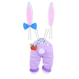 Easter Bunny Bottom Wreath Decor Kit, Purple Overalls with Floral Pattern, White Ears with Blue Bow, DIY Easter Decoration