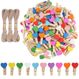CUWELT 150pcs Mini Wooden Heart Pegs Colourful, Colored Wooden Heart Pegs with 30M Jute String, Wood Heart Clips for Crafts Wedding Party Decorative Photo Paper Wall DIY