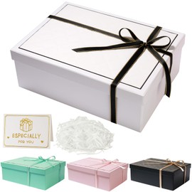 Gift Box with Lid 25 x 18 x 8.5 cm, Gift Box with Bows, Gift Box Set, Greeting Cards, Raffia Hamper Shreds for Wedding, Birthday, Christmas (White)