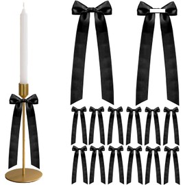 12 Pcs Black Satin Bows for Candlestick Decoration, Baby Shower Self Adhesive Decorating Ribbon Bow Wedding Bridal Shower Gift Wrapping Bows for Candle Holder Wine Glasses - 3.5" W x 13" L
