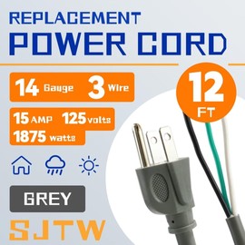 HeyYance 2 Pack 12 ft 14/3C SJTW Appliance and Power Tool Cord, 14 Gauge 3 Prong Heavy Duty Replacement Power Supply Cord Cable, 110V 115V 120V AC Pigtail, 15A, 1875w