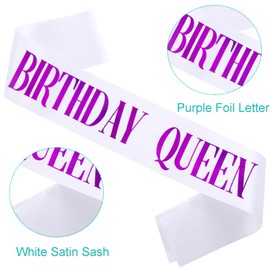 KETAOO Birthday Queen Sash, Purple Foil White Birthday Sash for Women 21st 30th 40th 50th 60th 70th Fun Birthday Party Favors Gifts Decorations
