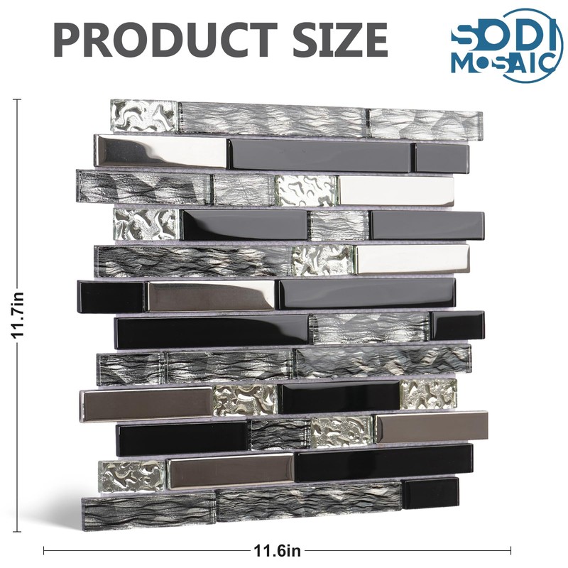 5-Sheet Glass Backsplash Tiles, 5 Square Feet Black Glass Mosaic
