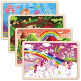 4 Packs Puzzles for Kids Ages 3-5, Unicorn Mermaid Princess Fairy Jigsaw Puzzle for Girls,Preschool Educational Puzzle Toys Gifts for 3 4 5 6 Year Old