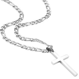 ZogCowy Cross Necklace for Men Mens Stainless Steel Silver Gold Black Plain Cross Pendant Chain for Men 3:1 Figaro Link Chain 4mm 5mm 6mm Width 24 Inches Length