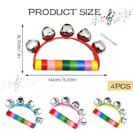 4 Pcs Half Moon Tambourine Handbell, Tambourines for Adults, Tambourine with 5 Bells, Tambourine for Kids, Hand Held Musical Instrument Shaking Small Jingle Bell Toy