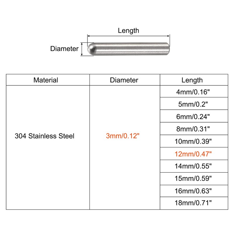 sourcing map 3x12mm Dowel Pins, 10pcs 304 Stainless Steel Round