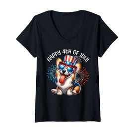 Womens Happy Fourth of July Corgi July 4th Corgi V-Neck T-Shirt