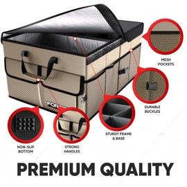 FORTEM Organizador de Maletero Coche y SUV - Organizador de Coche para Almacenamiento - Caja Plegable con 2 Compartimentos Grande - Base Antideslizante - Cinchas Ajustables - Tapa Extraíble