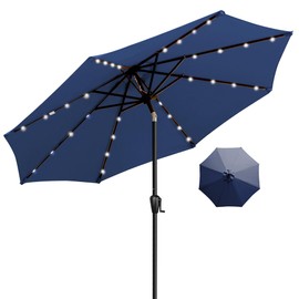 9' Round Patio Umbrella with 32 Solar Powered LED Lights, Push-Button Tilt and Hand Crank Lift, Solar Umbrella in Navy for Porch, Deck, and Patio by Sun-Ray