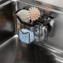 Jihocrex Kitchen Sponge Holder, Dish Brush Holder, Slim Sink Organization/Draining Basket/Liquid Drainer/Water Trough Rack, Kitchen Essential Tools, 304-Stainless Steel (Black)