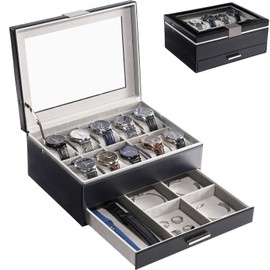 ProCase Watch Case for Women, 10 Slot Watch Display Case with Drawer, 2-Layer Womens Watch Box, 10 Watch Box Organizer, Jewelry and Watch Holder Storage Case With Glass Lid -Black