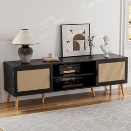 ZttRiee TV Stand for TVs up to 65'', Entertainment Center with Rattan Door, Shelves & 2 Cabinets, Boho Media TV Console for Living Room, Bedroom, Black