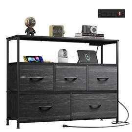 WLIVE Dresser for Bedroom, 5 Drawer Dressers with Charging Station, Fabric Chest of Drawers with Open Shelves, Storage Dresser for Living Room, Closet, Entryway, Charcoal Black Wood Grain Printt