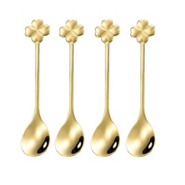10 pcs Gold Four-Leaf Clover Stainless Steel Spoon Set, Unique Design for Coffee, Tea, Desserts, Ice Cream 4.7inch