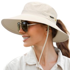 FURTALK Womens Ponytail Beach Bucket Sun Hat Wide Brim UPF 50+ Fishing Hat Outdoor Hats Beige