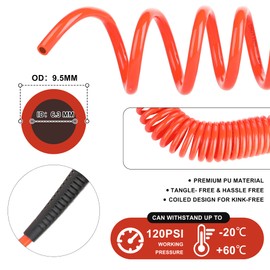 JOROY Polyurethane Air Hose, 1/4-Inch x 10 Feet Recoil PU Air Hose with Bend Restrictors Air Compressor Hose with 1/4" Industrial Quick Coupler and Plug