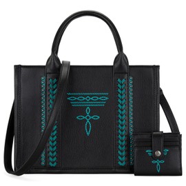 Montana West Longhorn Whipstitch Western Top Handle CC Pocket Tote Bag with Card Wallet Set Satchel Purse Vegan Leather Handbags Crossbody Bag for Women MW1124-H8120SWBK-TQ