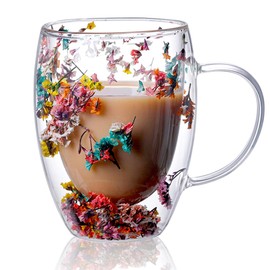 Myhiju Double Wall Clear Glass Coffee Mugs,Creative Clear Glass Cups with Handle,Flowers Double Insulated Glass Cup for Hot Cold Beverages, Cappuccino, Latte, Espresso Coffee, Juice,Glass Coffee Cups