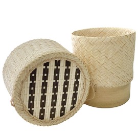 Bamboo Sticky Rice Serving Basket Thai Kratip Container 100% Handmade Traditional Village Handicrafts with Vegetable Plant Based Dye Coloring Shades Food Safe