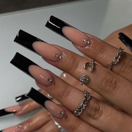 MISUD 24 pcs Coffin Press on Nails Long Ballerina Fake Nails Black French Tip Artificial Acrylic Nails Glossy Glue on Nails Full Cover 3D Rhinestone Stick on Nude False Nails with Desgin