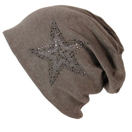 GLAMXX24 Classic Slouch Unisex Long Beanie Hat With Rhinestone Star HT201606 - brown, size: Einheitsgröße