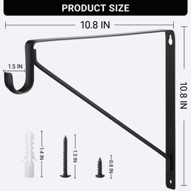 8 Pack Heavy Duty Closet Rod Brackets with Rod Holder - 11 Inch Black Wall Mounted Shelf Brackets, 300 lb Capacity for Storage Organization